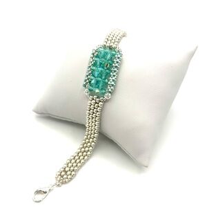 Hand Crafted Teal Crystal and Silver Bracelet